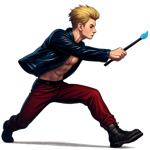 Swishy graceful man Cyberpunk manga, wand pointed straight ahead, arm extended, Slide across ground attack, side profile view attack animation, shiny black leather biker jacket longsleeves shirtless Skinny abs blonde pompadour guy, action shot wine red joggers combat boots, Background removed, "Full-body character, entirely in frame, no cropping of face, head, or feet" "Complete character visible, from head to toe, fully centered in the image" "Entire character, including face and boots, fully within the frame" Character fully contained within a square frame, no edges cut off fashion model running pose