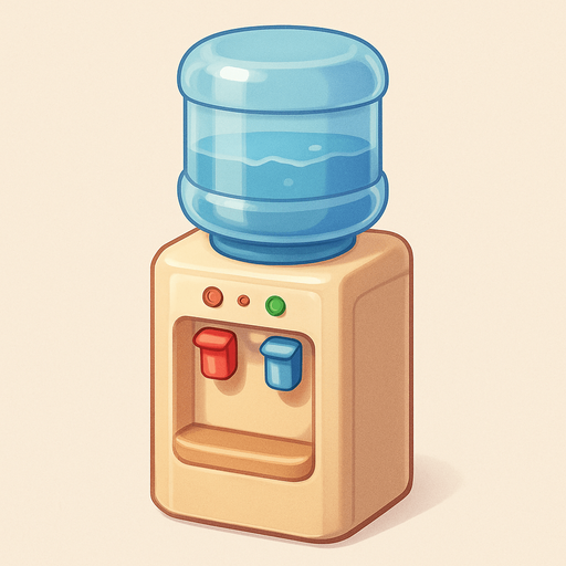 A water cooler. Cute soft graphics. soft ambient light. semi-matte to satin surfaces. naturalistic with slight saturation boost colors. 
In-Game asset.  2d.  High contrast.  No shadows. top down..
In-Game asset.  2d.  High contrast.  No shadows