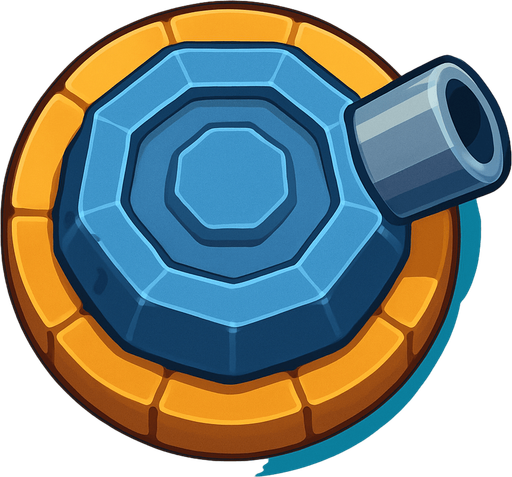 Crea la Torre Default en un estilo 2D renderizado, limpio y cartoonish, con contornos claros y definidos, colores vibrantes con transiciones suaves, y sombreado que da volumen a sus superficies superiores.
La perspectiva debe ser VISTA CENITAL (totalmente desde arriba). Esto significa que la torre se verá como si estuviera siendo observada directamente desde arriba, con los detalles de su parte superior siendo prominentes.
La base de la torre debe ser circular para permitir un movimiento de cañón cómodo. El cañón o la ranura de disparo debe estar orientado hacia la DERECHA en su diseño base (desde la vista cenital).
La torre debe tener un perfil bajo y la menor cantidad de relieve vertical posible para facilitar una rotación fluida en la animación..
In-Game asset.  2d.  High contrast.  No shadows