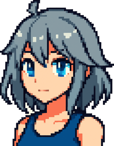 Beautiful anime-style girl with gray hair and light blue eyes. Game image. 2D. High contrast. No shadows. Pixel art..
In-Game asset.  2d.  High contrast.  No shadows
