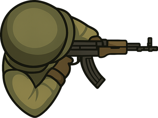 Tepeden bakış asker elinde taramalı tüfek . No background. Transparent background. Blank background. No shadows. 2d. In-Game asset. flat