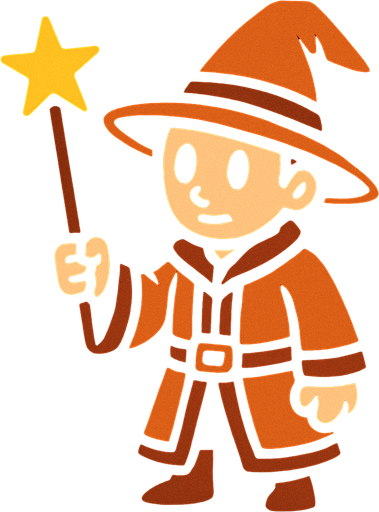 Mago con sombrero naranja y marrón sin barba con varita con estrella, de cuerpo entero.
In-Game asset.  2d.  High contrast.  No shadows