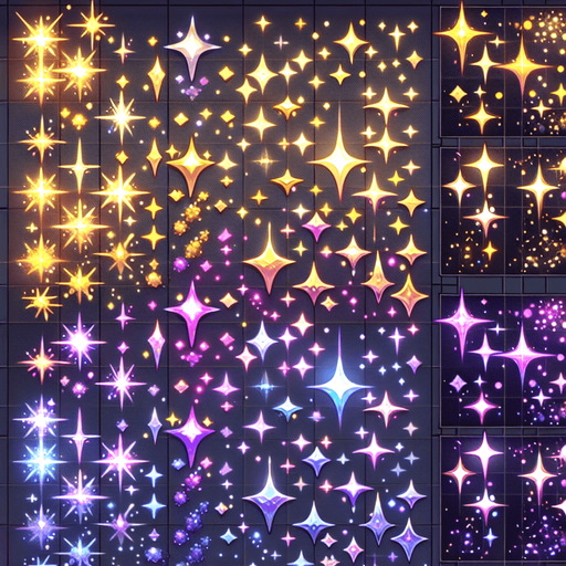 A sprite sheet of different color sparkles. Include gold and purple color.
Single Game Texture. In-Game asset. 2d. Blank background. High contrast. No shadows.