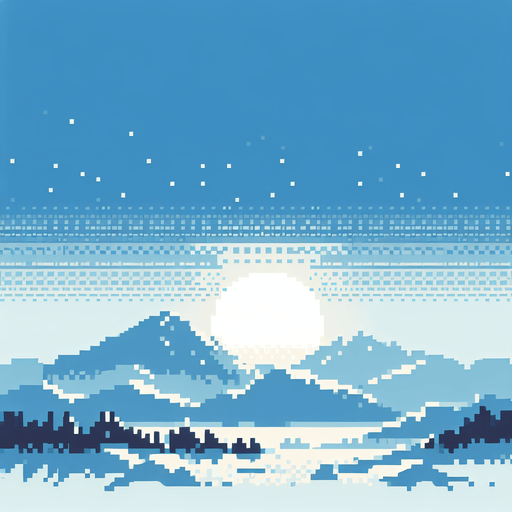 Create a pixel rendition of a winter skyline for a pixel game. The image should feature a light blue sky dominating the scene, with subtle pixelated outlines of mountain crests at the bottom. The sky needs to be clear and bright, showcasing the crispness of a winter day in a pixel art style. Use a gradient of light blue near the pixelated mountain silhouettes, gradually transitioning to a deeper blue towards the top of the image, all in a charming, pixelated format to evoke a serene, wintry atmosphere.. 8 bit. Single Game Texture. In-Game asset. 2d. Blank background. High contrast. No shadows.