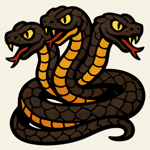 3 başı olan koyu renkli pullu bir yılan.
In-Game asset.  2d.  High contrast.  No shadows