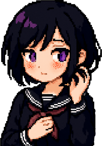 A cute anime-style girl depicted in pixel art, with an emo aesthetic and striking purple eyes. She's wearing a classic Japanese school uniform (sailor fuku). She has a shy expression, with blushing cheeks and an averted gaze. Her left hand is playing with her hair, while her right hand rests on her chest. In the background, there's a typical anime-style classroom.