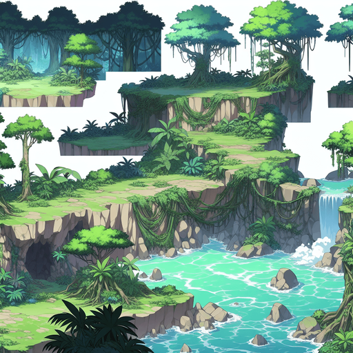 anime landscape deep jungle amazon.
Single Game Texture.  In-Game asset.  2d.  Blank background.  High contrast.  No shadows