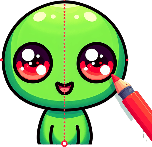 Green alien cartoon. Red eyes. Cute, smiling. Blank background. High contrast. No shadows.