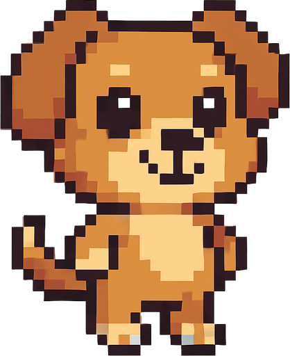 El perro debe ser un personaje adorable y expresivo en estilo pixel art, con cuerpo compacto y simpático, orejas grandes (pueden ser caídas o puntiagudas según la raza), ojos redondos y brillantes que transmitan alegría, y una cola visible que se mueva suavemente; su pelaje puede ser marrón, beige, blanco o una combinación simple de colores, con un diseño caricaturesco fácil de reconocer; debe estar de pie sobre dos patas traseras como un personaje antropomorfo, con una leve sonrisa y movimiento de balanceo o parpadeo como animación sutil; el fondo debe ser transparente y su estilo visual debe encajar en un juego casual, amigable y colorido..
In-Game asset.  2d.  High contrast.  No shadows