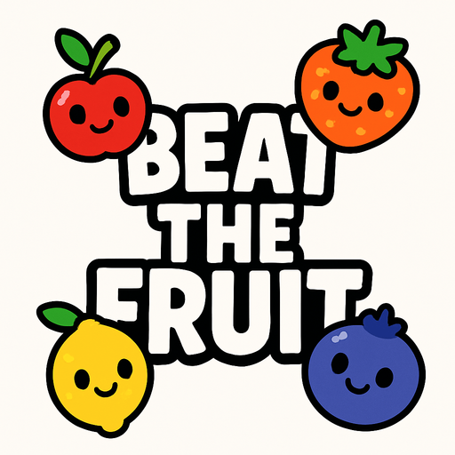 "Beat the Fruit" titulo para el juego, muestra las letras en grande blancas con un borde negro y sin fondo, con algunas frutitas felices junto a las letras.
In-Game asset.  2d.  High contrast.  No shadows