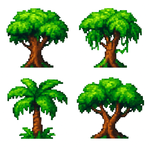Generame arboles pixelar, de jungla, en fondo balnco.
In-Game asset.  2d.  High contrast.  No shadows