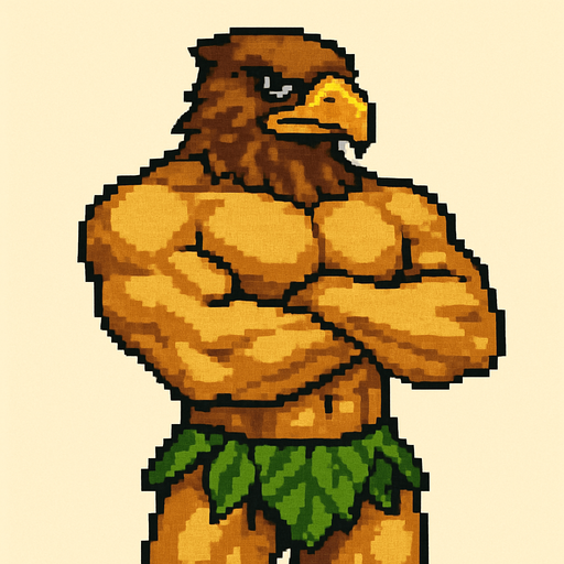 Aguila real furry fuerte cruzando los brazos sin camisa y gran pectoral con un taparrabos de hojas pixeleado todo el cuerpo.
In-Game asset.  2d.  High contrast.  No shadows