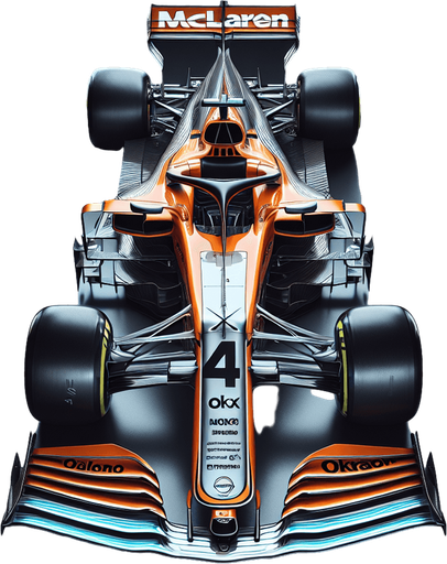 Photorealistic F1 McLaren race car, Top view. 
Orange coloured body and black thick stripe with white Chrome text where the o letter is Google chrome logo. 
Skyblue lines on nose sides. 
Silver 4 number on nose. 
Black OKX text on rear wing.