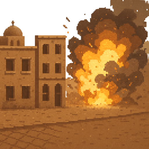 arabic street, islam, dust. background image. Bomb explotion in the background. pixelated. 2d. In-Game asset. flat