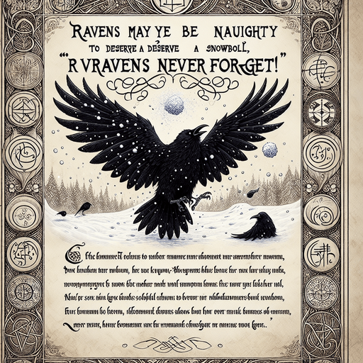 a pergament with a raven hit by a snowball on the top. At the bottom is the text: "Ravens may be naughty to deserve a snowball, but you should know, Ravens never forget!"
