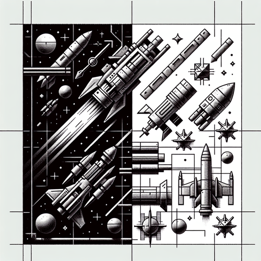 Space shooter with high weapons like missile and cannon blast.
Single Game Texture.  In-Game asset.  2d.  Blank background.  High contrast.  No shadows. 3d
