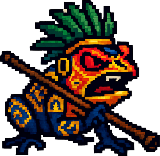 Genérame una Rana de dardo venenosa guerrero azteca con eso patrones, estilo pixelar, con una apariencia maligna, ojos rojos, rabioso. Unidad a distancia, con cerbatana. Animal.
In-Game asset.  2d.  High contrast.  No shadows
