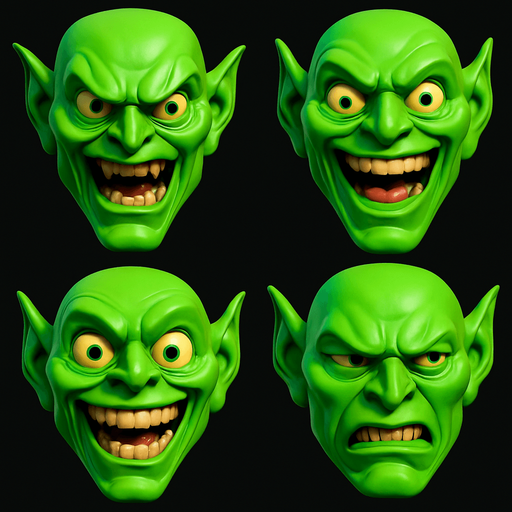 3D Scary but funny and cute face meme green goblin from spiderman movie. only face, different faces look.
In-Game asset.  3D.  High contrast.  No shadows. only face