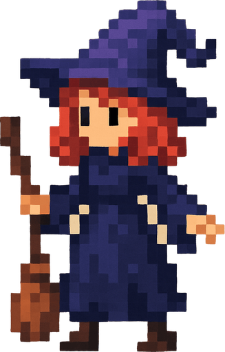 a witch with red head and purple hat..
pixel art. full body
