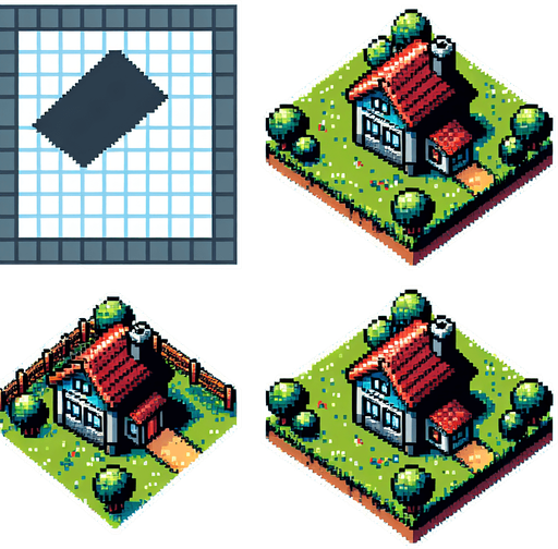 house from above, top down, pixel art, 8 bit style.
Single Game Texture. In-Game asset. 2d. Blank background. High contrast. No shadows.