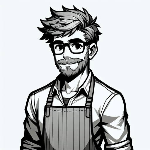 sakallı ve az bıyıklı  güneş gözlüklü 26 lı yaşlarda bir beyefendi ayak üstünde dursun üzerinde önlük olsun.
Single Game Texture.  In-Game asset.  2d.  Blank background.  High contrast.  No shadows