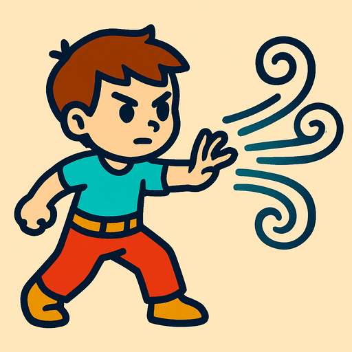 A boy controlling wind.
In-Game asset.  2d.  High contrast.  No shadows