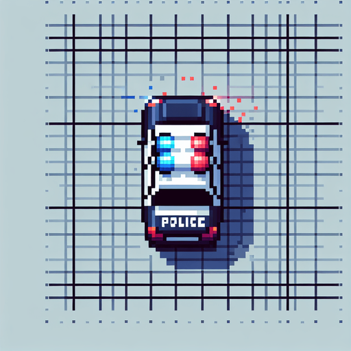 Top-down view of a pixel art police car with flashing red and blue lights, 64x64, arcade retro style".
Single Game Texture.  In-Game asset.  2d.  Blank background.  High contrast.  No shadows