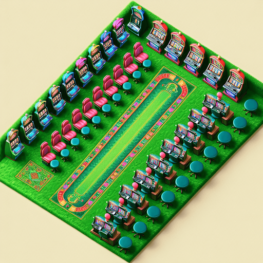 Typical cassino floor with green carpet and slot machines lined on the edges of the screen. It should fit the entirety of the screen. It is a topdown view. Single Game Texture. In-Game asset. 2d. Blank background. High contrast. No shadows.