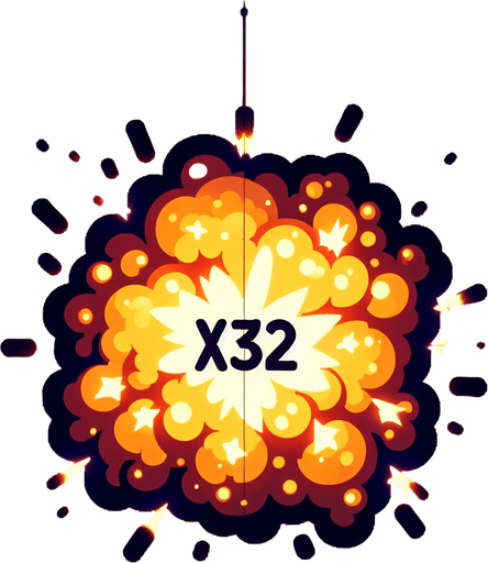 爆炸，里面有“X32”的字样,暖色调.
Single Game Texture. In-Game asset. 2d. Blank background. High contrast. No shadows.