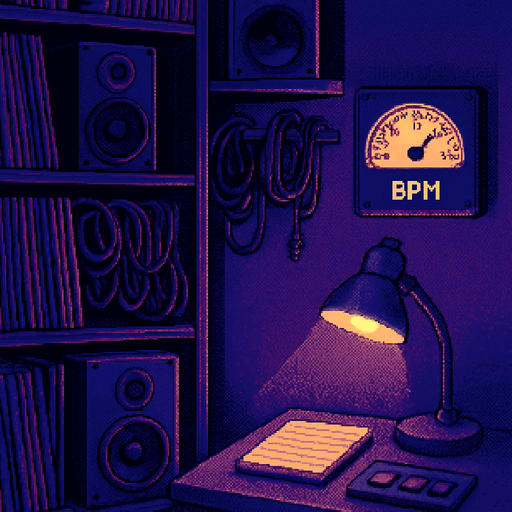 A 2048x2732 vertical pixel art background for a settings screen in a pixel-art rhythm game. The scene shows a cozy side corner of the same DJ studio seen in the main menu, with shelves full of vinyls, tangled audio cables, studio monitors, and an analog BPM dial glowing softly. A small desk lamp casts a warm light over a notepad and some buttons. The lighting is purple and blue, calm and focused. The mood is quiet, technical, and slightly futuristic — perfect for adjusting settings..
In-Game asset.  2d.  High contrast.  No shadows