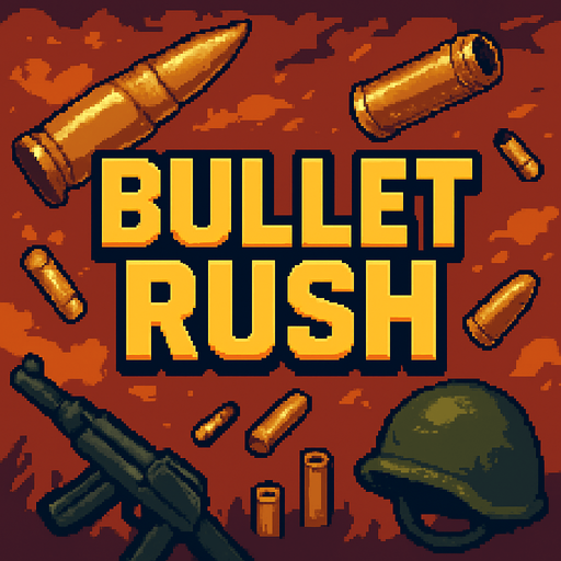 Create an title image written "Bullet Rush" in it, add some elements of war like bulets and make it in a semirealistic 16bit style.
In-Game asset.  2d.  High contrast.  No shadows