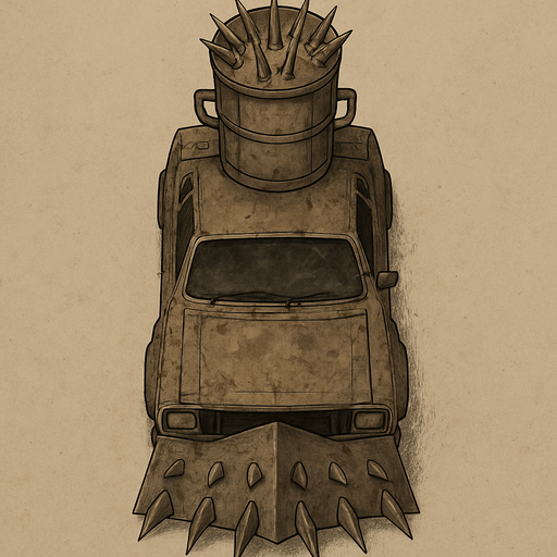 A Mad Max style car will be old and will have a metal spiked plate on the front and will have a top view of the car