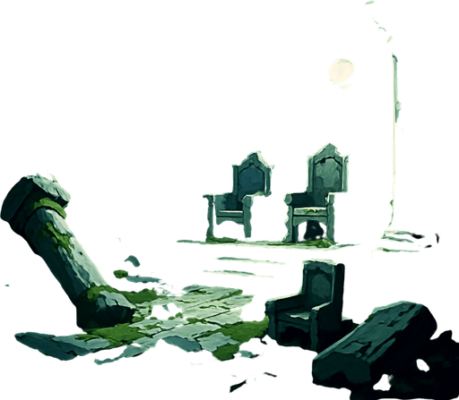 A crumbling forgotten palace with fallen pillars, moss overtaking marble, broken thrones and moonlight through shattered roof, realistic.
In-Game asset.  2d.  High contrast.  No shadows