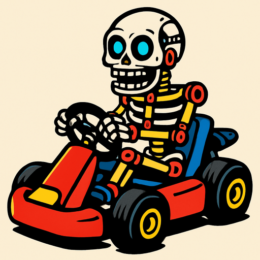 Un endoesqueleto animatronico en un kart.
In-Game asset.  2d.  High contrast.  No shadows