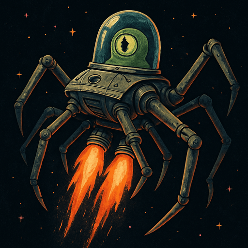 Imagine a multi-legged space machine, its legs sprawling at varied, dynamic angles, giving it an organic yet mechanical feel. Encased within a transparent tube, a one-eyed green alien watches intently. Beneath the ship, vivid rocket flames burst forth, illuminating the dark void of space with fiery intensity.