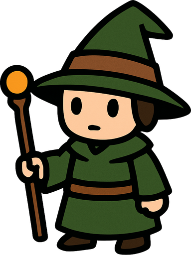 Mago principiante con sombrero verde y marrón.
In-Game asset.  2d.  High contrast.  No shadows