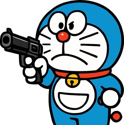 Doraemon shooting a gun.
In-Game asset.  2d.  High contrast.  No shadows