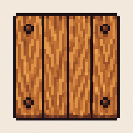 Vista cenital de una sola baldosa de puerta de madera, aislada, vista desde arriba, estilo pixel art 2D para videojuego, textura continua y repetible, sprite de 32x32. Sin manija, sin bisagras, sin marco, solo tablones de madera con clavos decorativos. Textura de vetas estilizadas. Arte estilo hecho a mano. Alto contraste, sin sombras. Sin fondo.