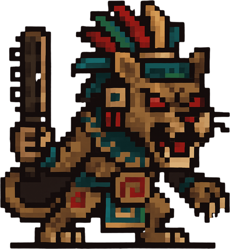 Genérame una Puma guerrero azteca con eso patrones, estilo pixelar, con una apariencia maligna, ojos rojos, rabioso. Unidad cuerpo a cuerpo. Animal.
In-Game asset.  2d.  High contrast.  No shadows
