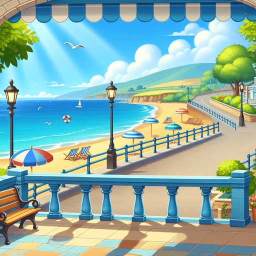 A beautiful scenery looking out to sea from an empty beach side promenade on a bright summer day. Happy game illustration style for a casual family friendly game..
Single Game Texture. In-Game asset. 2d. Blank background. High contrast. No shadows.