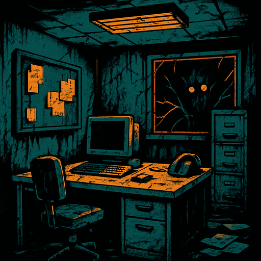 a creepy office.
In-Game asset.  2d.  High contrast.  No shadows