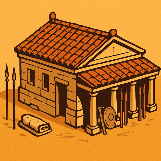 Anciet world barracks, no words.
In-Game asset.  2d.  High contrast.  No shadows