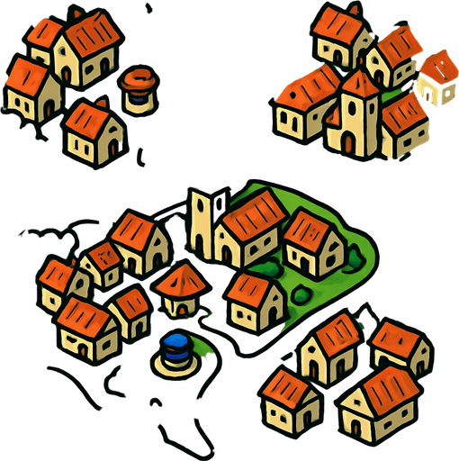 Aldeas, ocupar toda la imagen, visto desde arriba.
In-Game asset.  2d.  High contrast.  No shadows