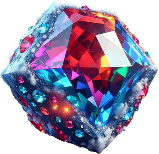 a precious colorful glowing gem with snow and ice on it.
Single Game Texture. In-Game asset. 2d. Blank background. High contrast. No shadows.