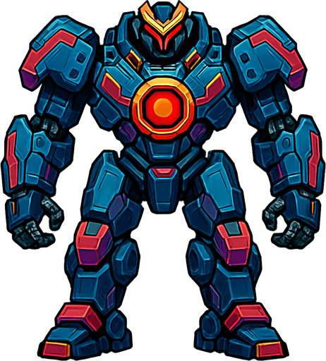 different cyber big Robot enemy from the front side facing camera. HD colors. separated
In-Game asset.  2d.  High contrast.  No shadows