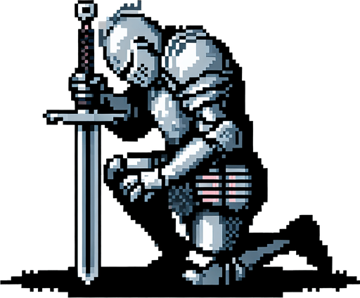 Create an 8-bit pixelated image of a defeated Knight Hero, kneeling with his head down in sorrow. He grips his sword with both hands, its tip resting in the ground. this represents the game over image for a retro video game.
Single Game Texture. In-Game asset. 2d. Blank background. High contrast. No shadows.