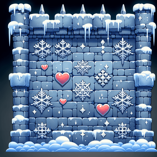 A medieval wall built of ice blocks, with stars and christmas hearts as ornaments. Single Game Texture. In-Game asset. 2d. Blank background. High contrast. No shadows.