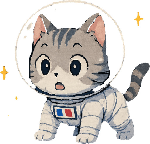 A cute kitten, illustrated in an adorable chibi anime style and wearing an astronaut suit, stands on all fours in outer space with a wide-eyed, surprised expression. Its body is slightly tense, as if it just saw something unexpected.