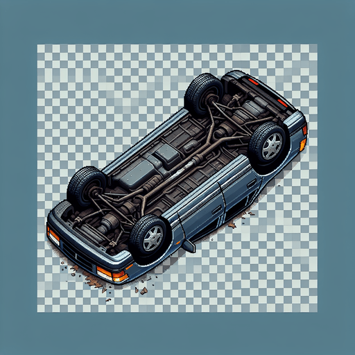 Top down overturned car sprite. Transparent.
Single Game Texture.  Blank background.  High contrast.  No shadows. Overhead