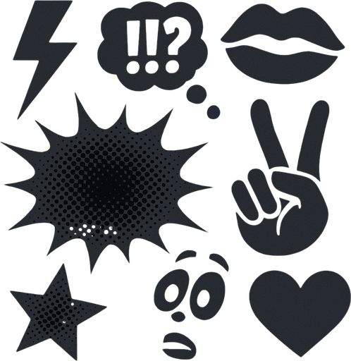 Black popart background. Only dark colors. Lots of pop art reference
In-Game asset.  2d.  High contrast.  No shadows